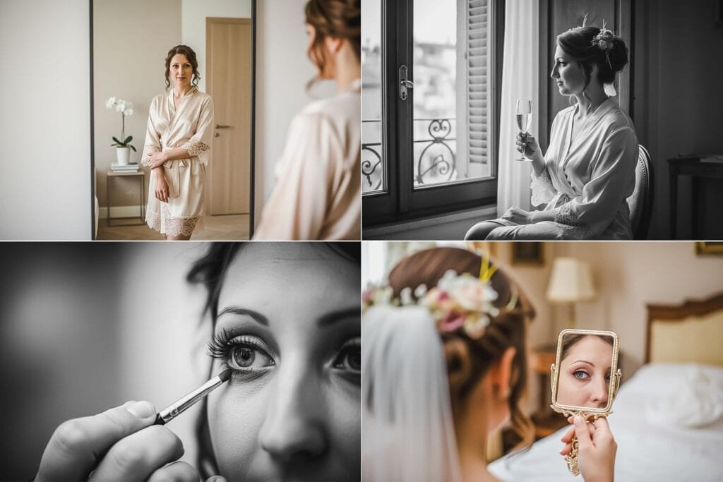 Mireasa Irina în timpul pregătirilor, privindu-se în oglindă, fotografie de nuntă Roma