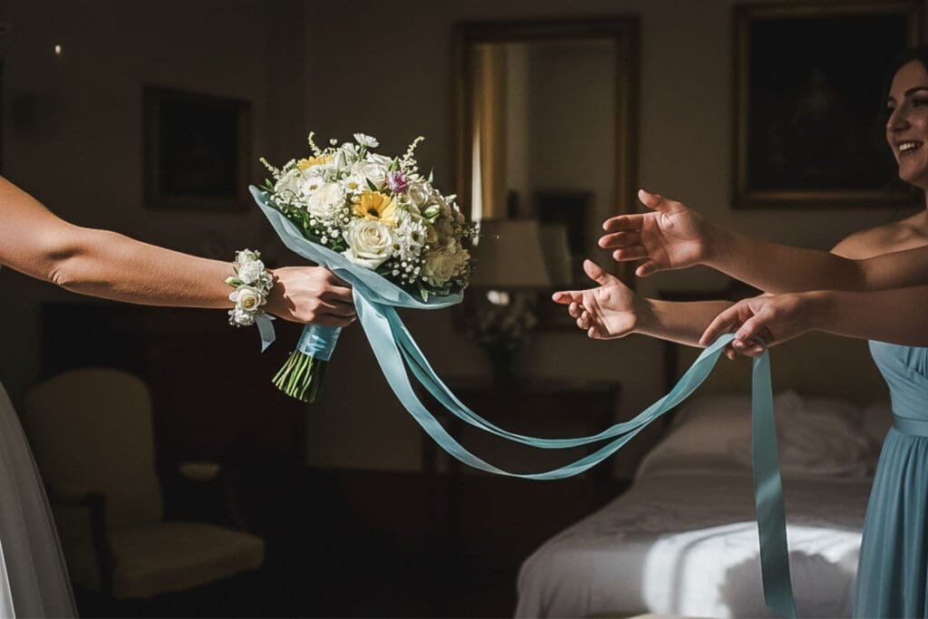 Buchet de mireasă cu panglică turcoaz în lumină naturală, detaliu elegant de nuntă