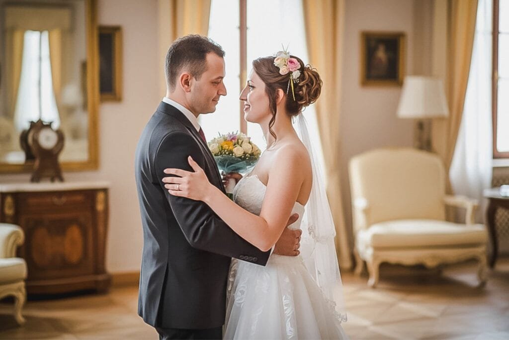 Irina și Gio se îmbrățișează emoționați în timpul momentului first look, fotografie de nuntă la Roma