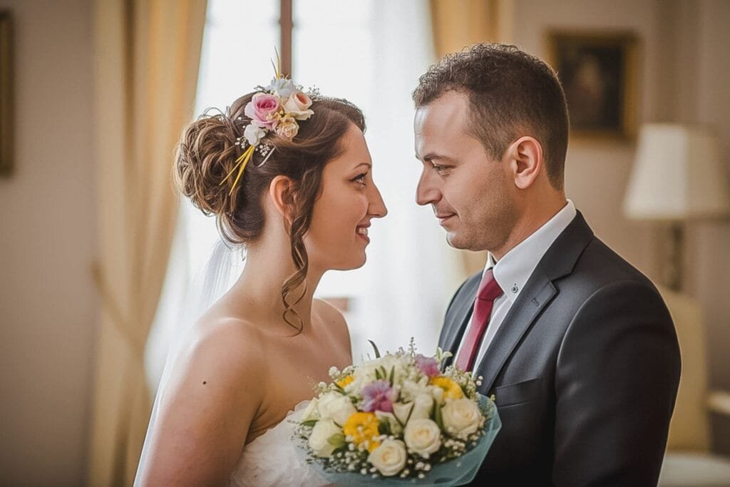Portret romantic cu Irina și Gio în lumina caldă a dimineții, fotografie de nuntă Roma